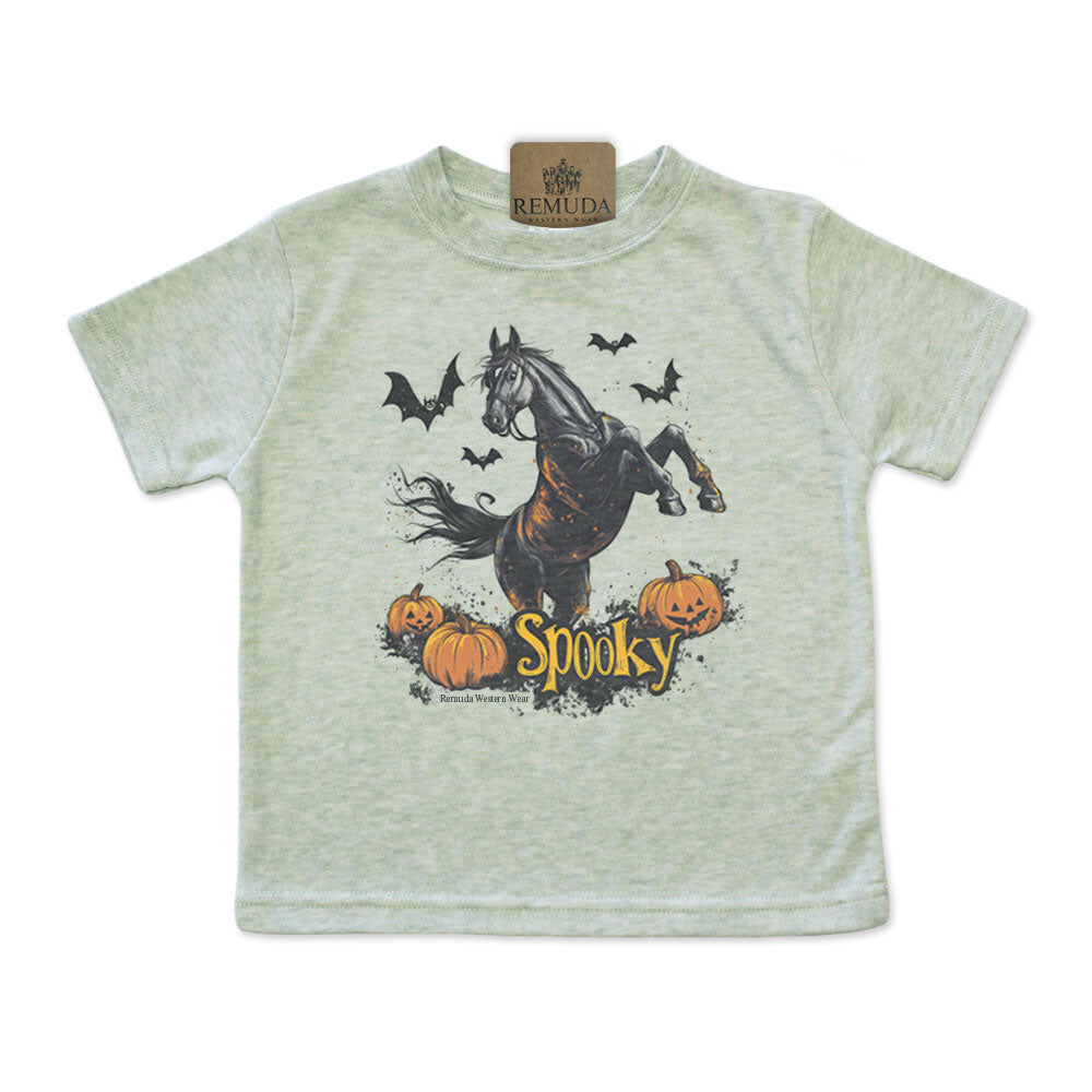 Spooky halloween horse infant tee in sage heather green color
