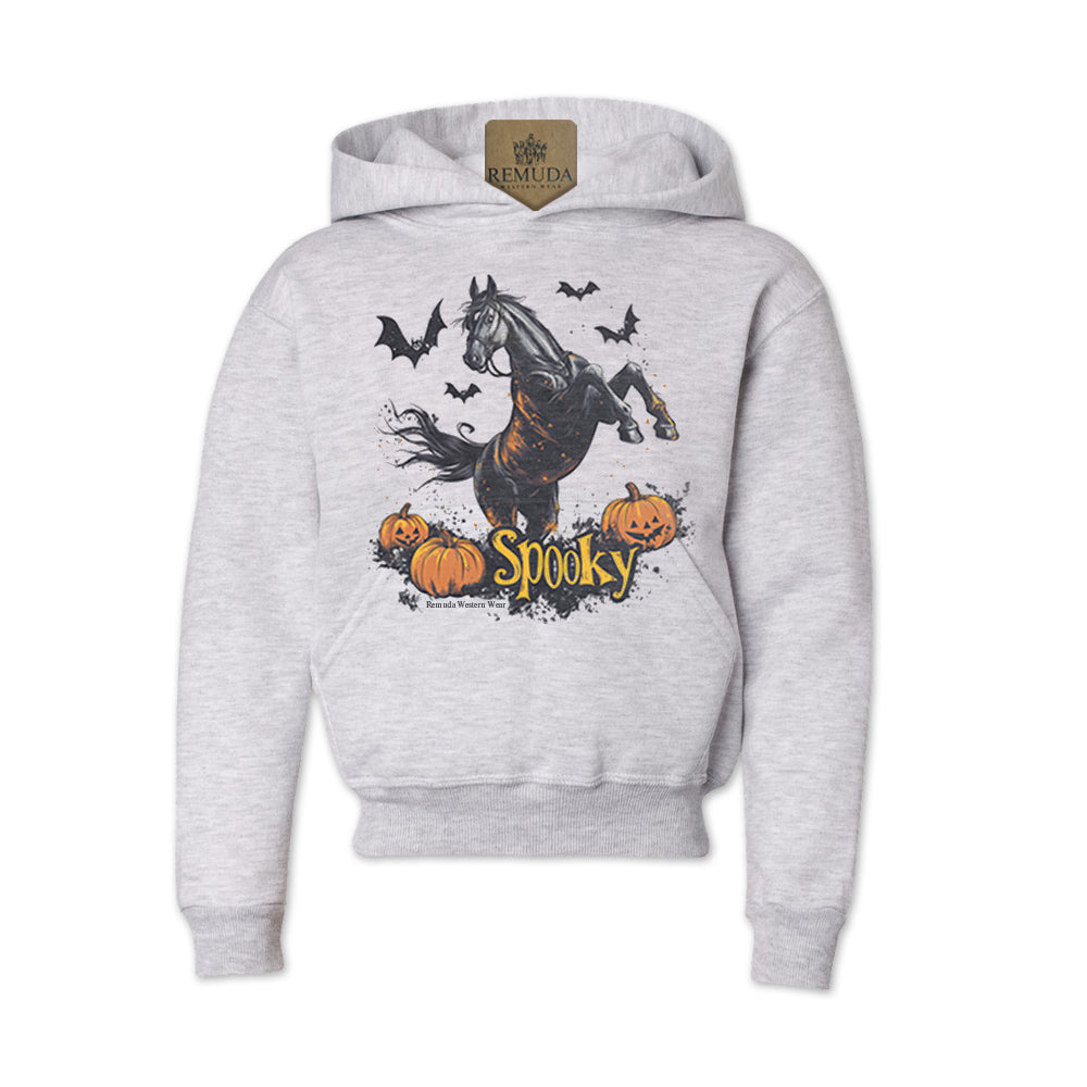 Spooky halloween horse youth western hoodie in ash grey color