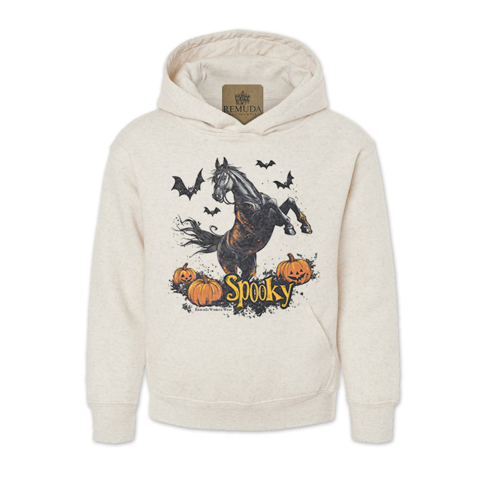 Spooky halloween horse youth western hoodie in oatmeal color