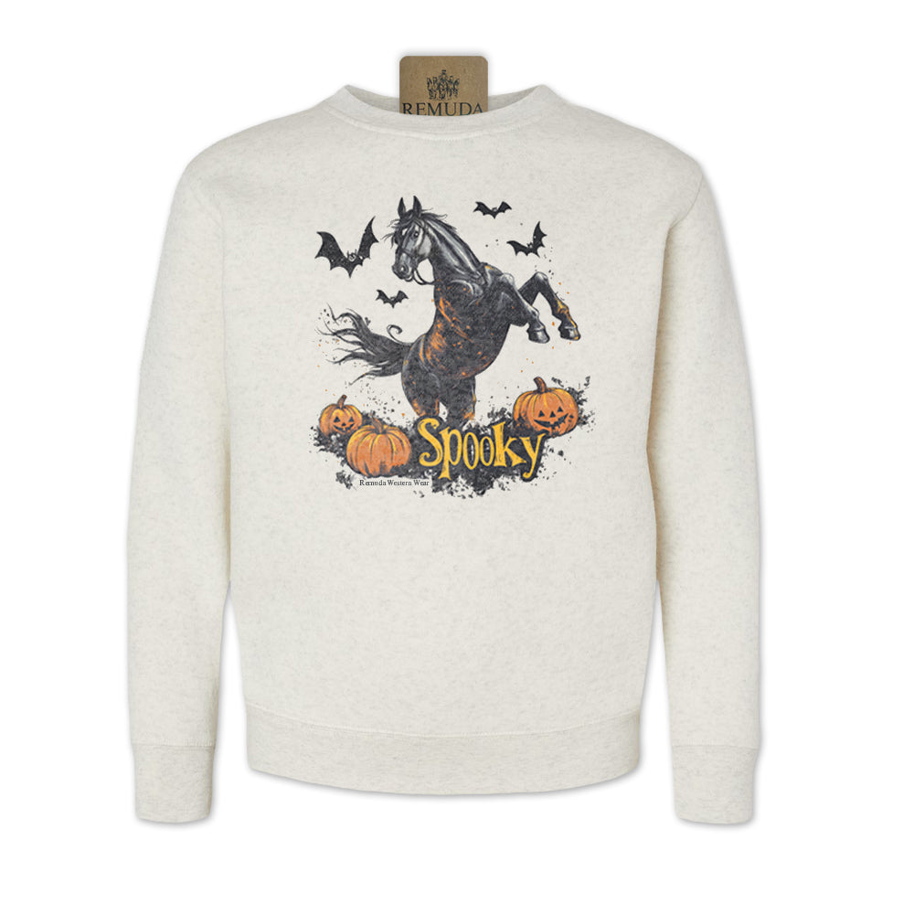 Spooky Horse Halloween western youth sweatshirt in oatmeal color