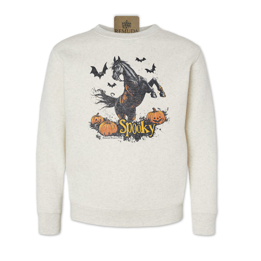 Spooky Horse Halloween western youth sweatshirt in oatmeal color