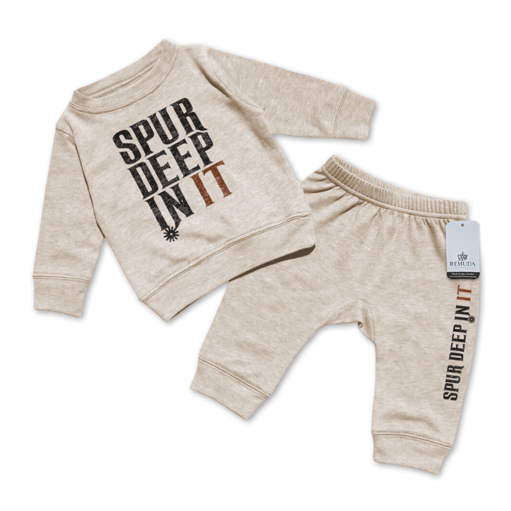 Spur Deep In It Infant Western 2 Piece Sweatsuit Oatmeal