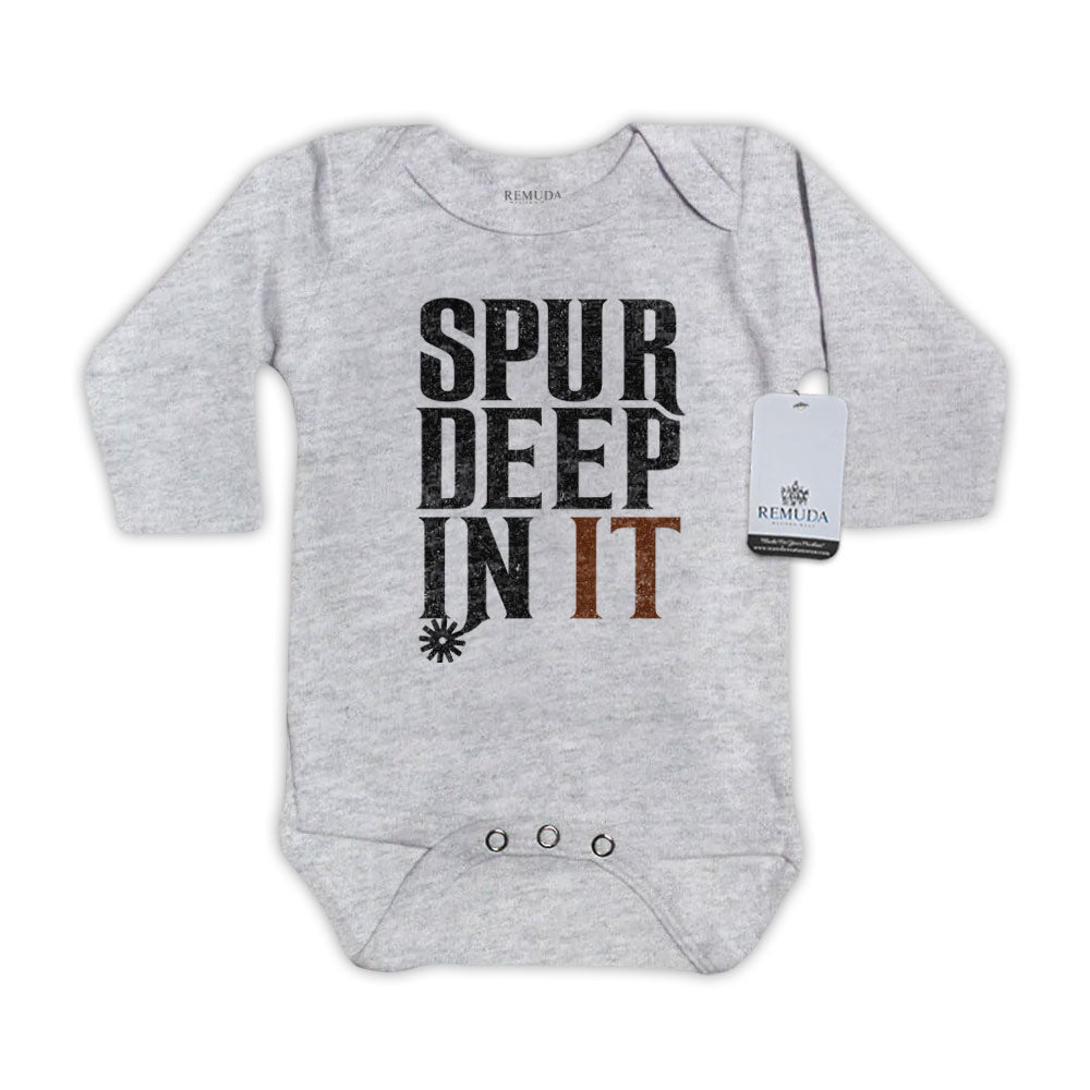 Spur Deep In It Infant One Piece Long Sleeve Western Romper Gray