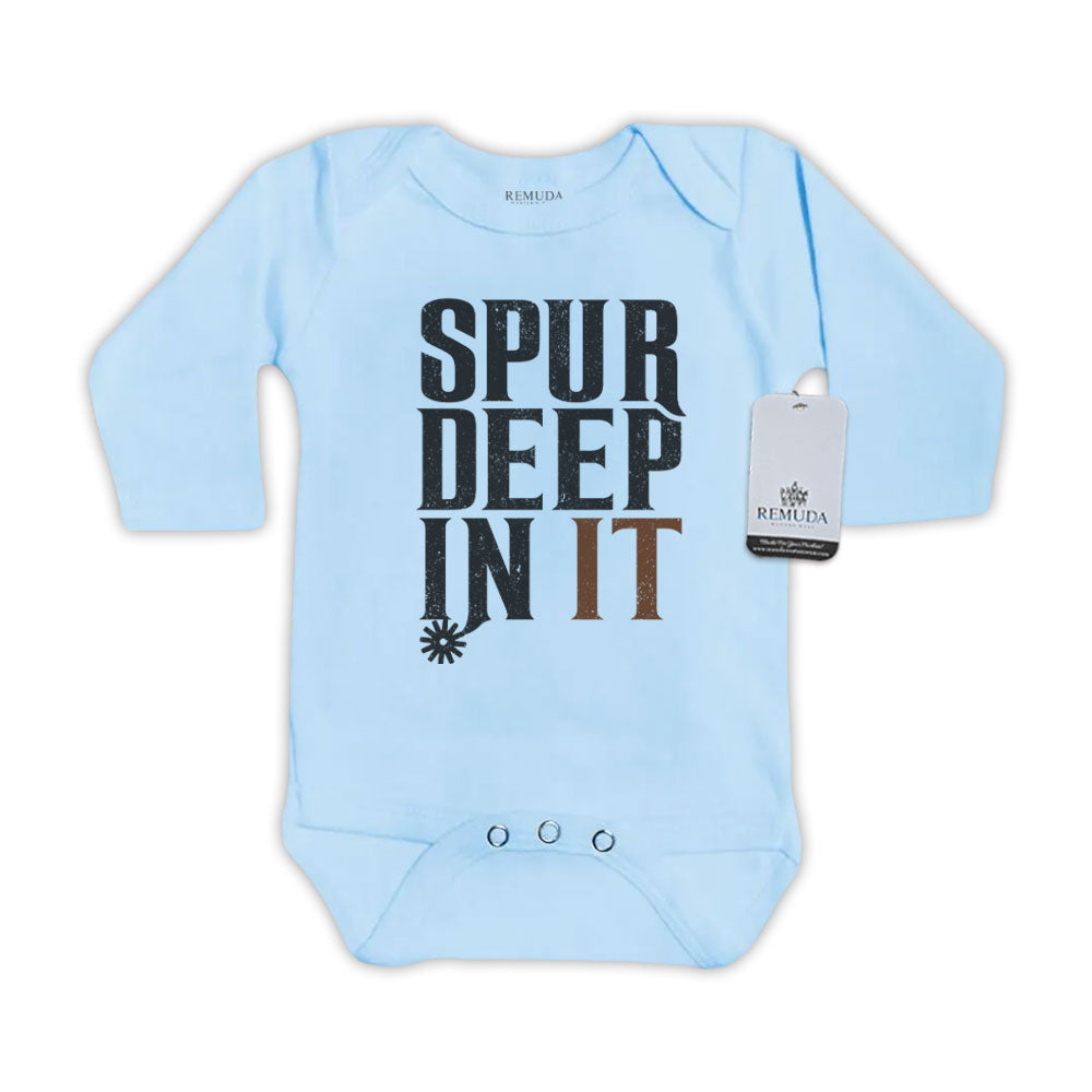 Spur Deep In It Infant One Piece Long Sleeve Western Romper Light Blue