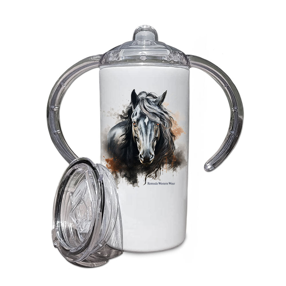 A children's western style sippy cup tumbler entitled "The Herd Sire", featuring a beautiful black stallion with orange and gray grunge style designs around him.