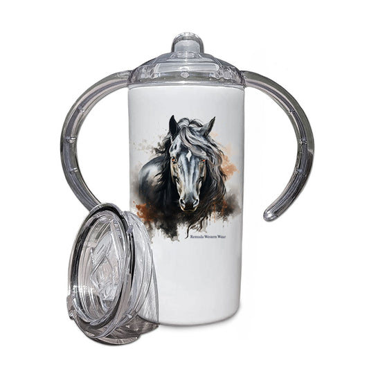 A children's western style sippy cup tumbler entitled "The Herd Sire", featuring a beautiful black stallion with orange and gray grunge style designs around him.