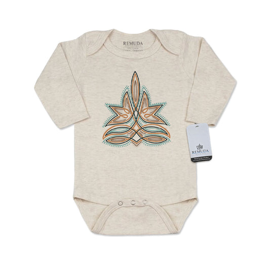 Western Boot Stitch Infant Long Sleeve One Piece Western Romper Oatmeal