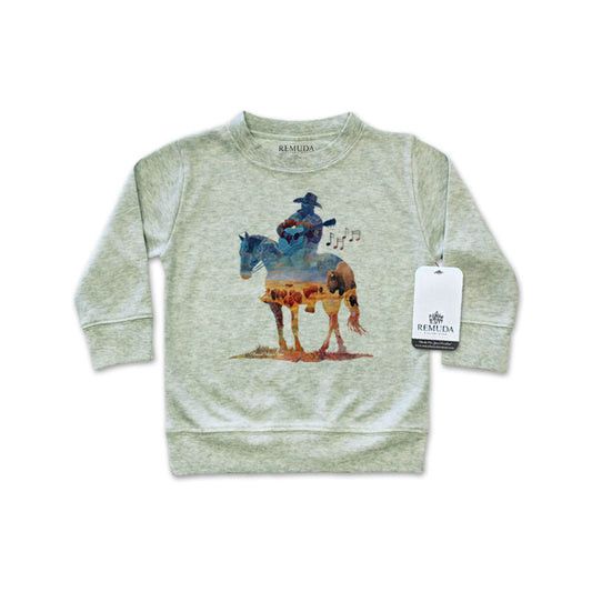 Watercolor-style illustration on an sage heather green colored infant long sleeve pullover showing a cowboy on horseback playing a guitar, titled “Where The Buffalo Roam,” in a soft, artistic western design.