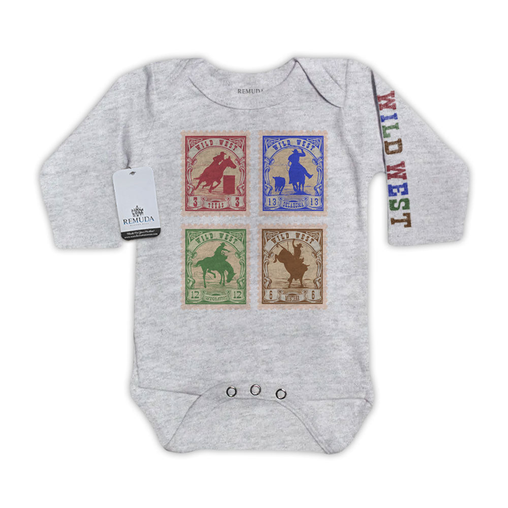 Wild West Rodeo Stamps Infant Long Sleeve One Piece Western Romper Gray
