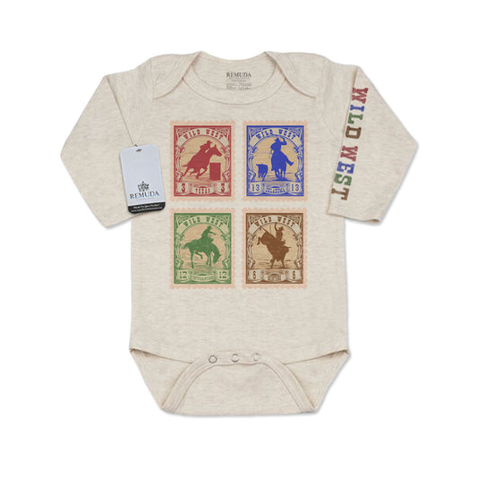 Wild West Rodeo Stamps Infant Long Sleeve One Piece Western Romper Oatmeal