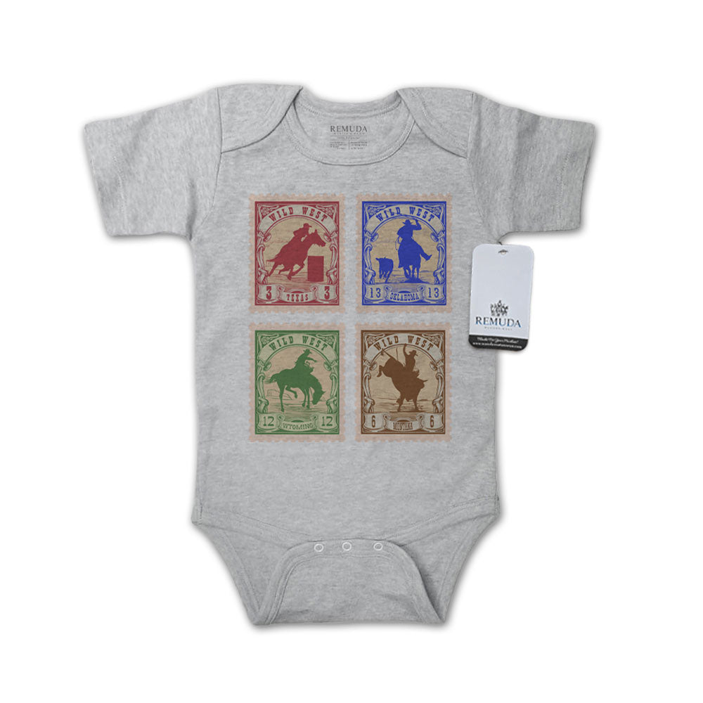 Wild West Rodeo Stamps Infant Short Sleeve One Piece Western Romper Gray