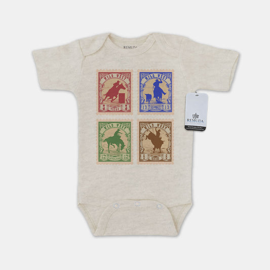 Wild West Rodeo Stamps Infant Short Sleeve One Piece Western Romper Oatmeal