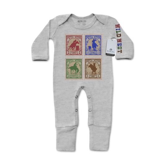 Wild West Rodeo Stamps Infant Western One-Piece Footed Pajamas W/Mittens Gray