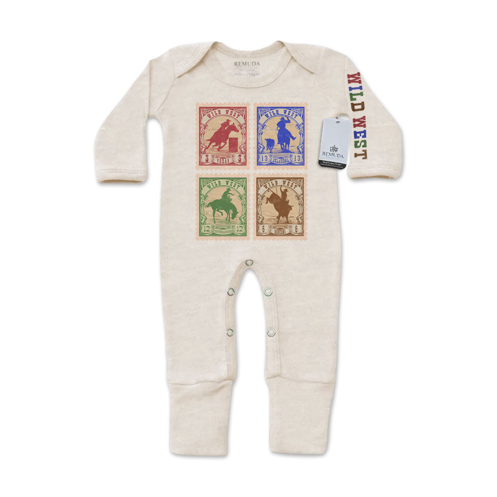 Wild West Rodeo Stamps Infant Western One-Piece Footed Pajamas W/Mittens Oatmeal