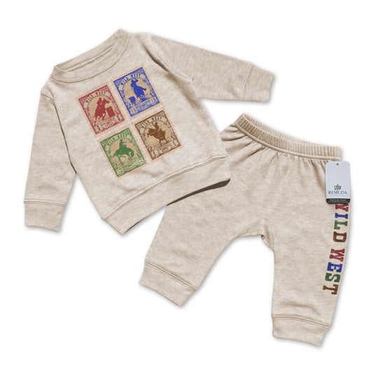Wild West Rodeo Stamps Infant Western 2 Piece Sweatsuit Oatmeal
