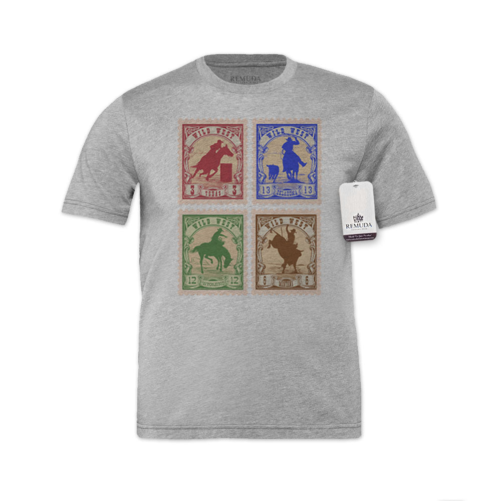 Wild West Rodeo Stamps Adult Unisex Western Tee T-Shirt Heather Gray