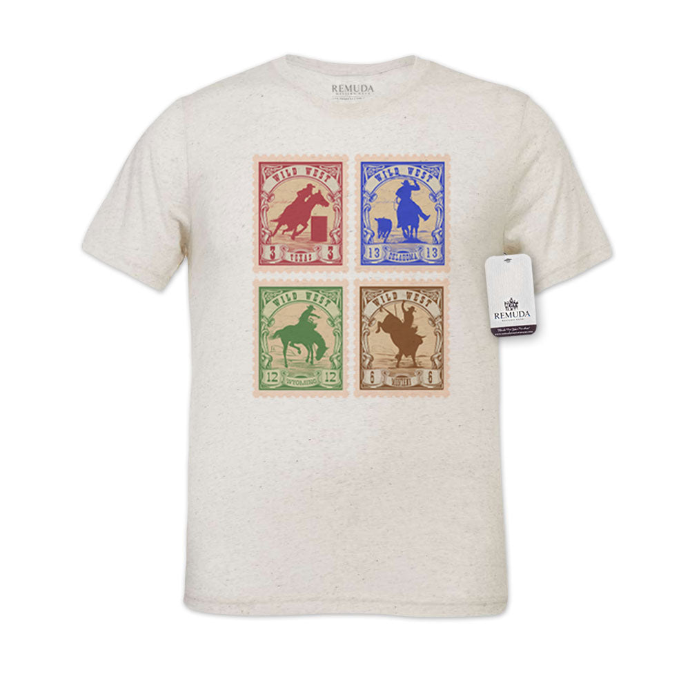 Wild West Rodeo Stamps Adult Unisex Western Tee T-Shirt Oatmeal