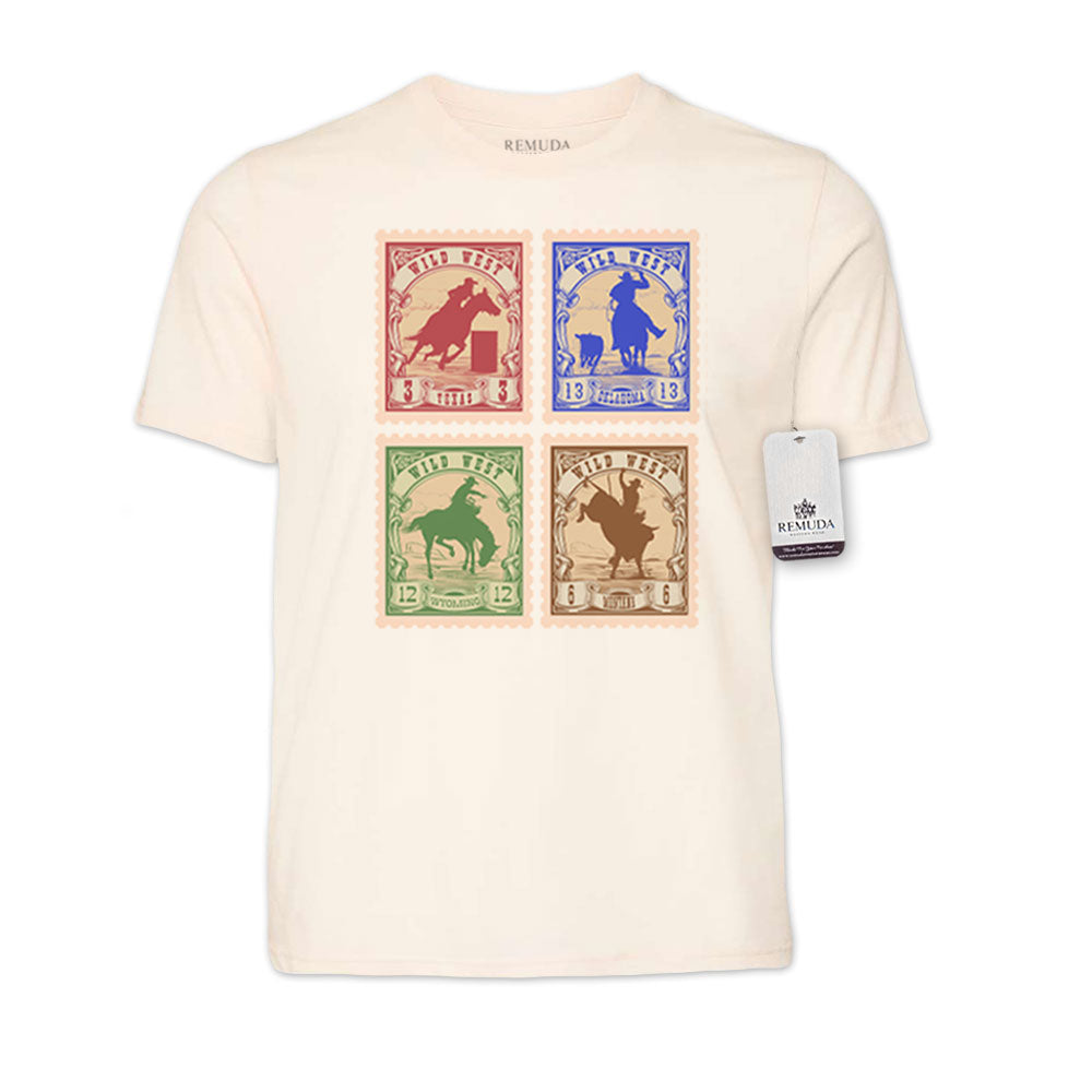 Wild West Rodeo Stamps Adult Unisex Western Tee T-Shirt Solid Natural