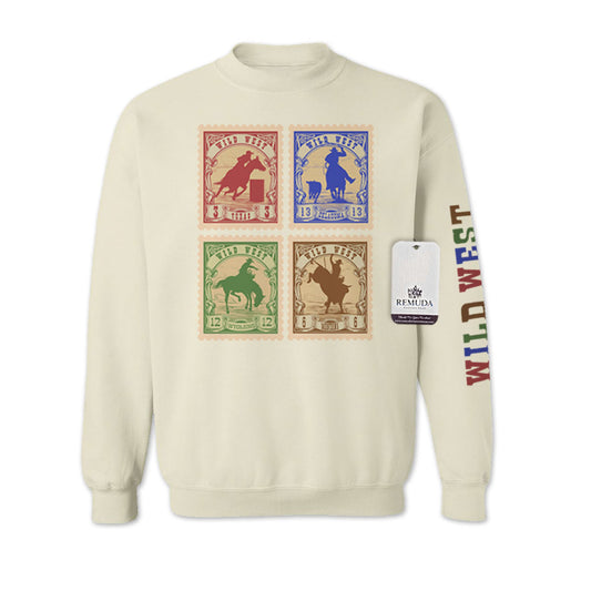 Wild West Rodeo Stamps Adult Unisex Western Sweatshirt Sand