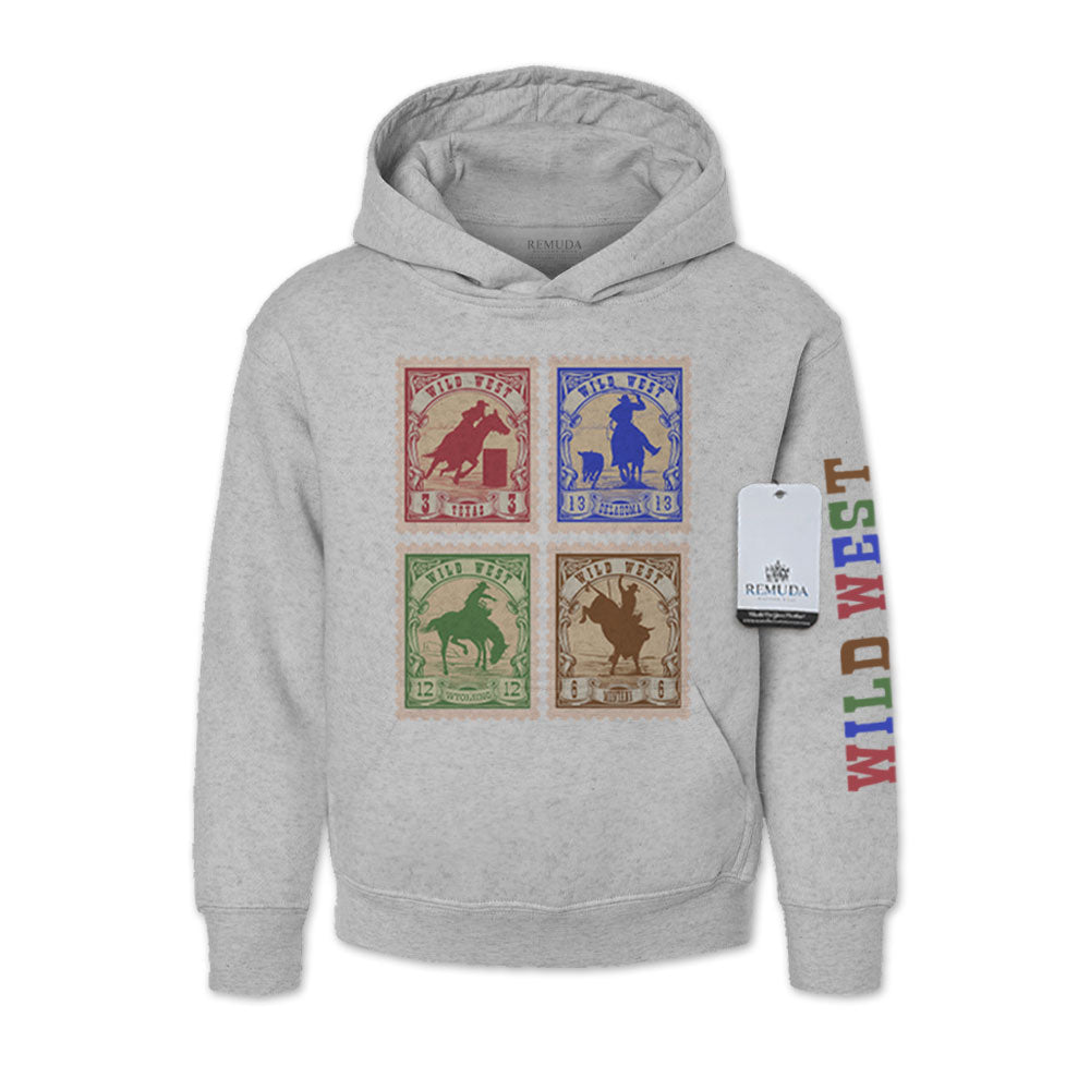 Wild West Rodeo Stamps Youth Western Pullover Hoodie Heather Gray