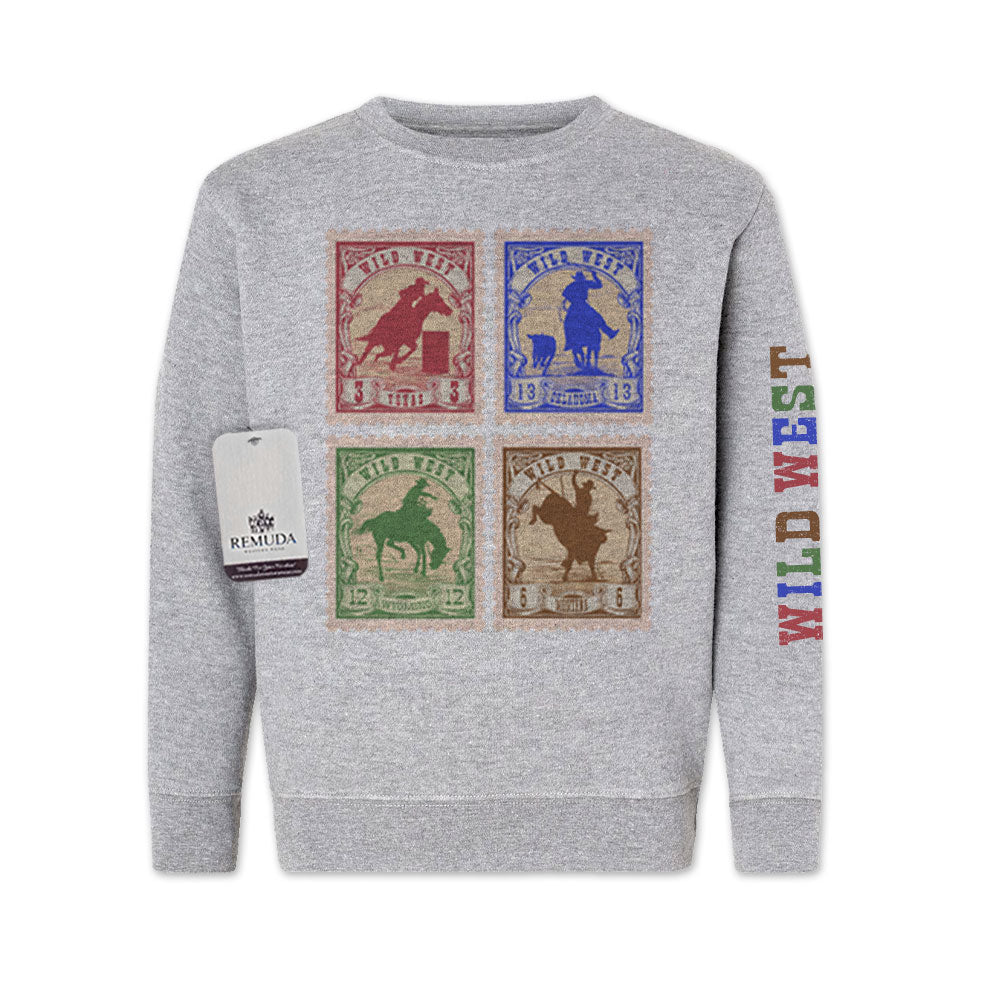 Wild West Rodeo Stamps Western Youth Sweatshirt Heather Gray