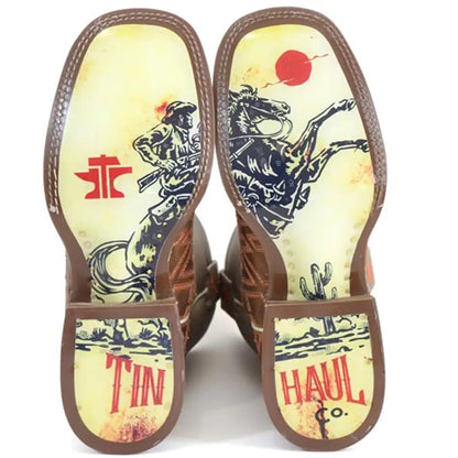 Tin Haul Puzzler / Bucking Sole ( Tan/Brown ) - Mens Leather Cowboy Boot