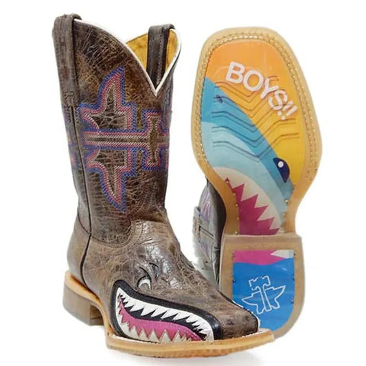 Tin Haul I Don't Bite / Jawsome Sole Pink Little Kids/Big Kids Leather Cowgirl Boots