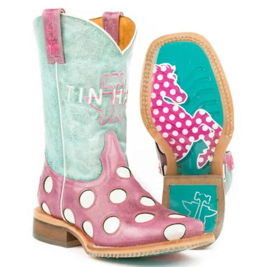 Tin Haul Little Miss Dotty / Horse A Dot Sole (Pink) - Little Kids/Big Kids Leather Cowgirl Boots