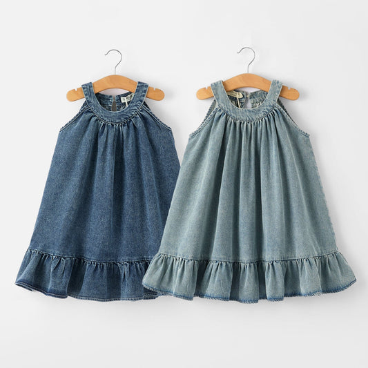 Girls Denim Ruffle Trim A-Line Dress