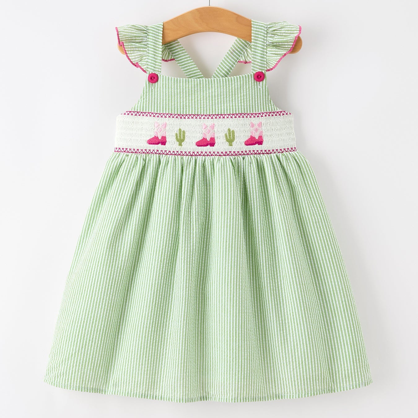 Light Green and White striped girls dress with embroidered pink western boots and cactus accents on a white background
