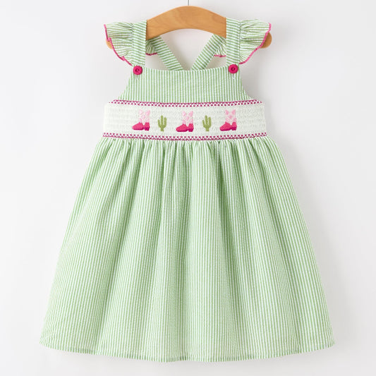 Light Green and White striped girls dress with embroidered pink western boots and cactus accents on a white background
