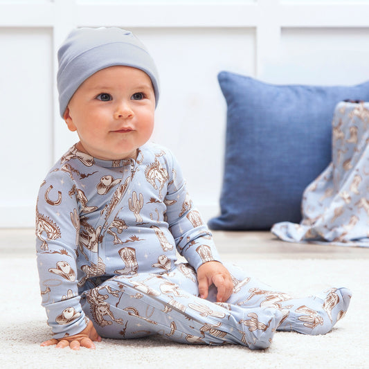 Wild Wrangler/Blue Western Baby Boy Bamboo Zipper Romper