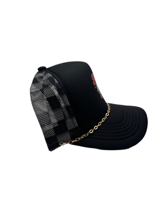 Buckin Lucky Checkered Mesh Trucker Hat w/ Gold Chain