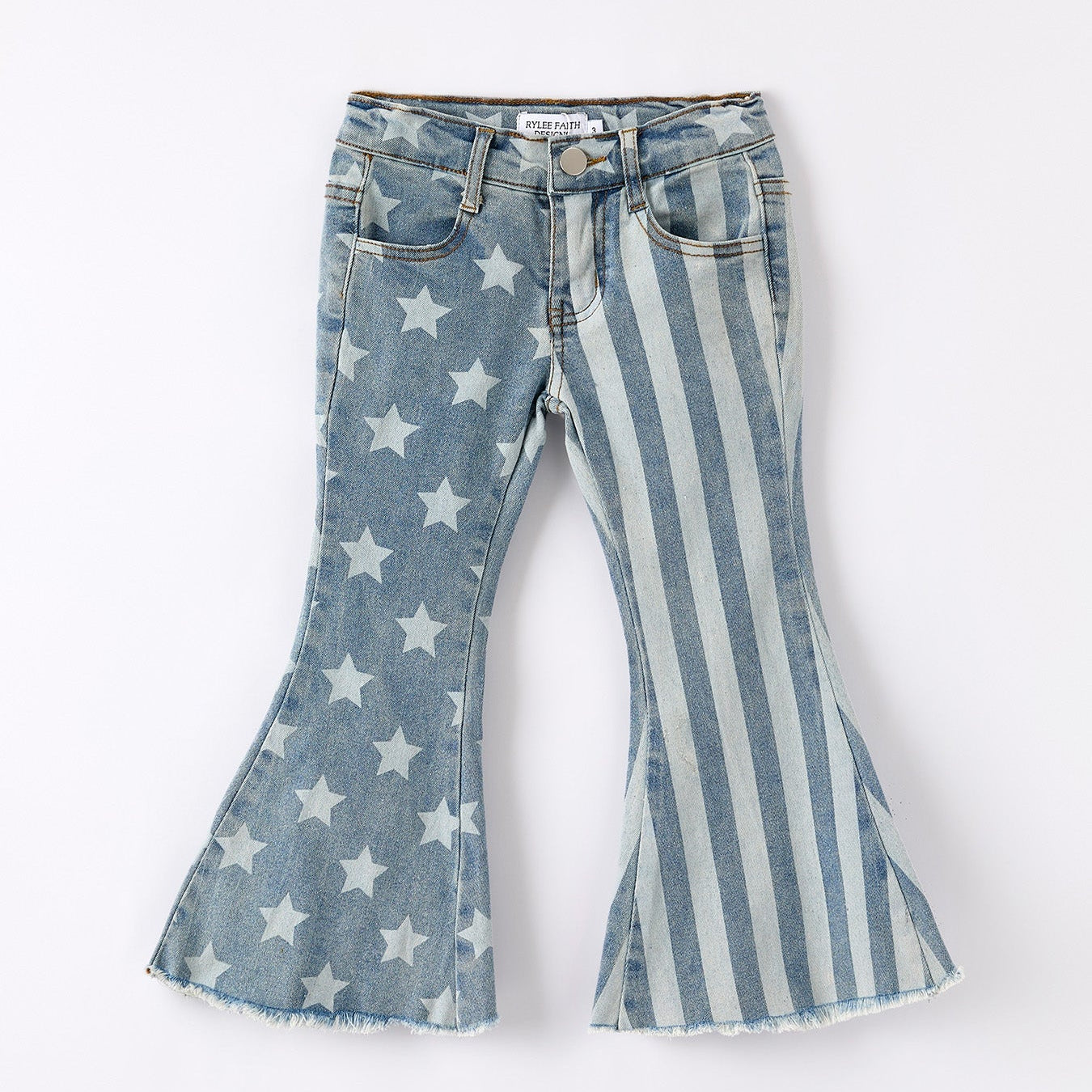 Flared western toddler and kids jeans with star pattern on a white background