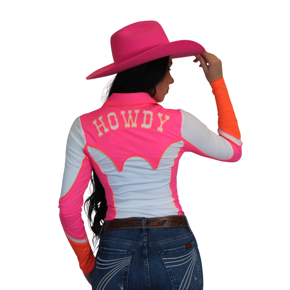 Person wearing a pink and orange cowboy outfit with 'HOWDY' on the back, against a white background