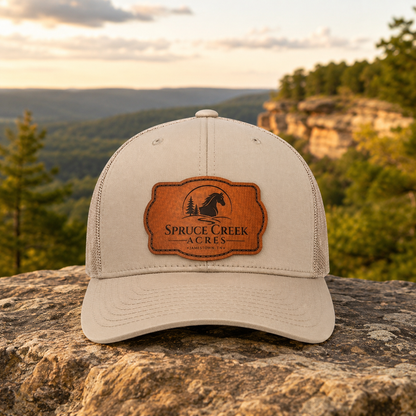 Spruce Creek Acres - Tan Genuine Leather Patch Adult Trucker Hat