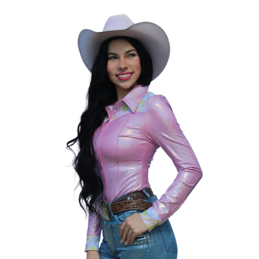 Woman wearing a pink long-sleeve rodeo shirt, blue jeans, and a white cowboy hat on a white background