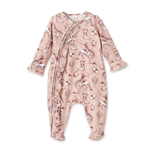 Wild Wrangler Pink Western Bamboo Ruffle Zipper Romper