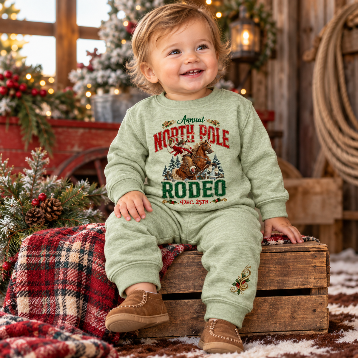 Smiling 12-month-old baby wearing a heather sage green North Pole Rodeo Christmas two-piece sweatsuit featuring Cowboy Santa riding a bucking bronc, paired with brown moccasins. Seated on a rustic wooden crate surrounded by festive plaid blankets, snowy pine trees, warm Christmas lights, and Western ranch decor.