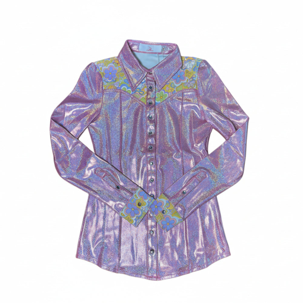 Pink iridescent rodeo shirt with floral patterns on a white background