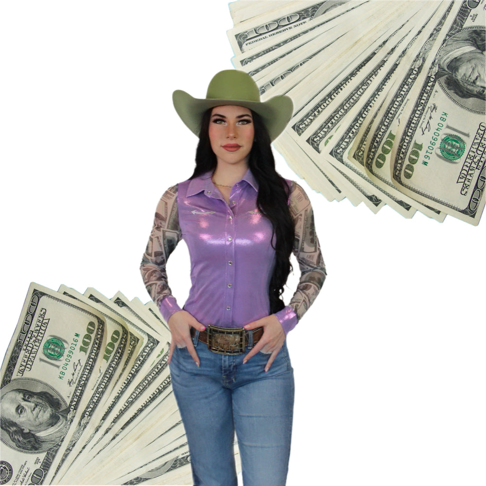 Woman in a cowboy hat and rodeo shirt with money images on mesh sleeves on a white background.