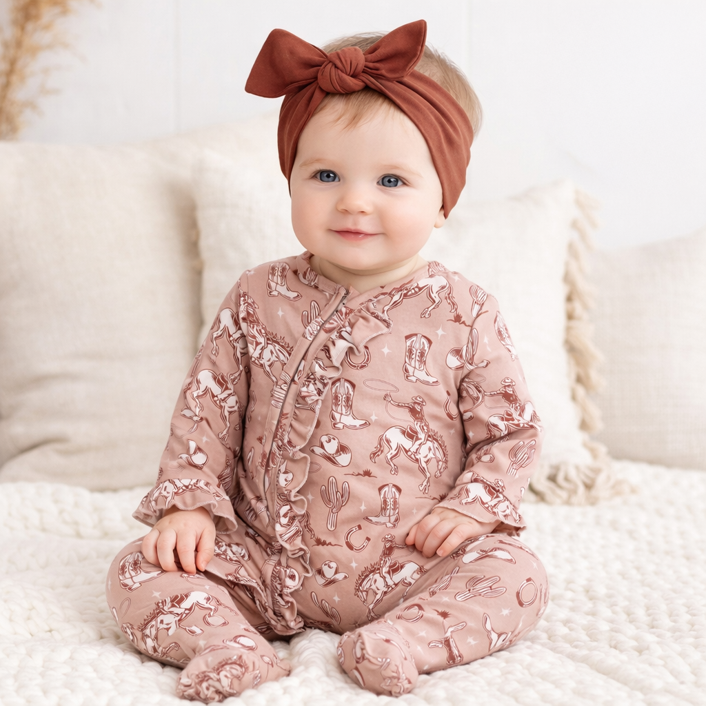 Wild Wrangler Pink Western Bamboo Ruffle Zipper Romper