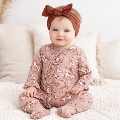 Wild Wrangler Pink Western Bamboo Ruffle Zipper Romper
