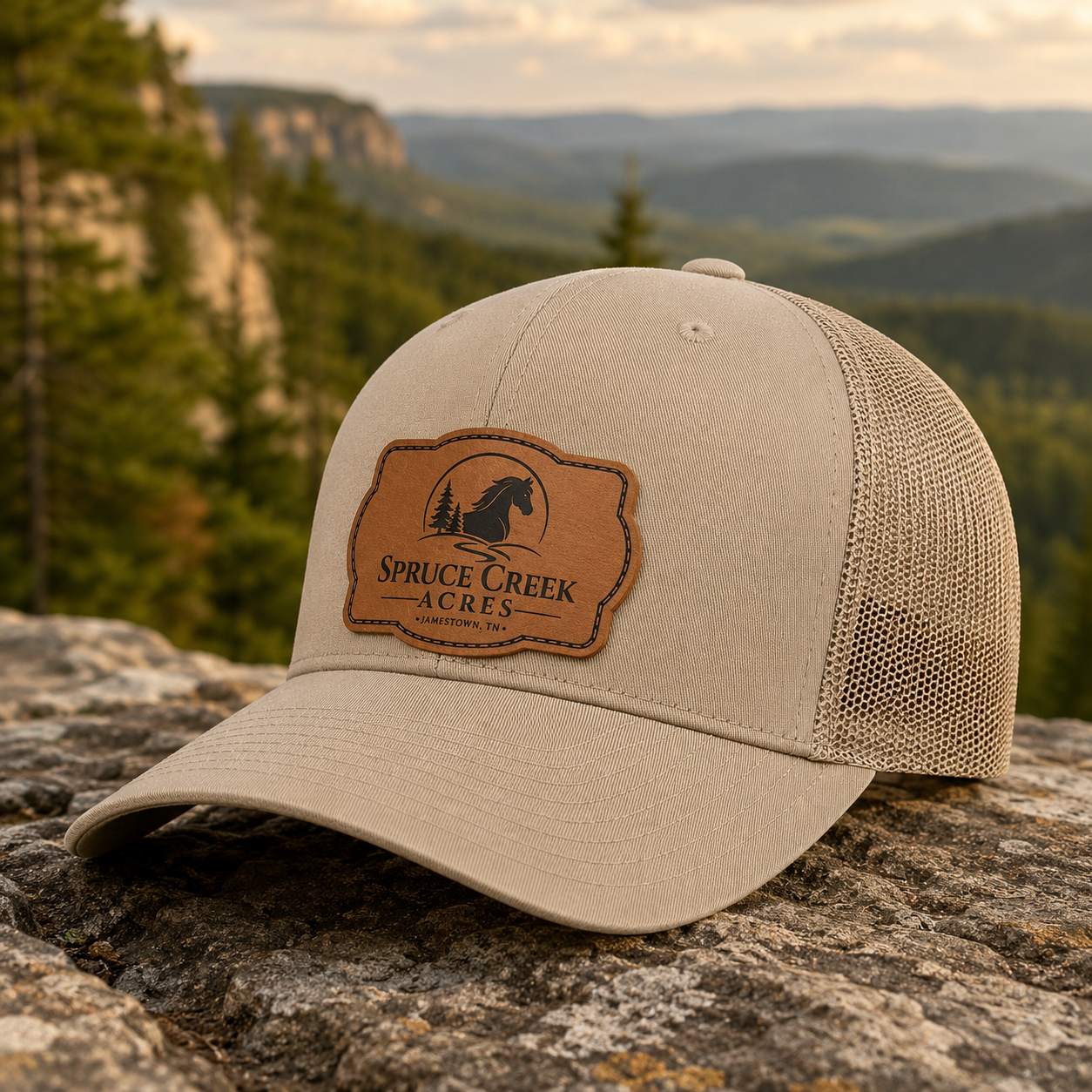 Spruce Creek Acres - Tan Genuine Leather Patch Adult Trucker Hat