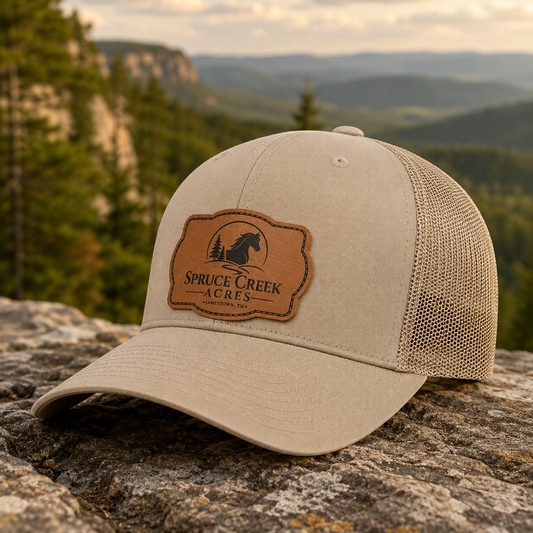 Spruce Creek Acres - Tan Genuine Leather Patch Adult Trucker Hat