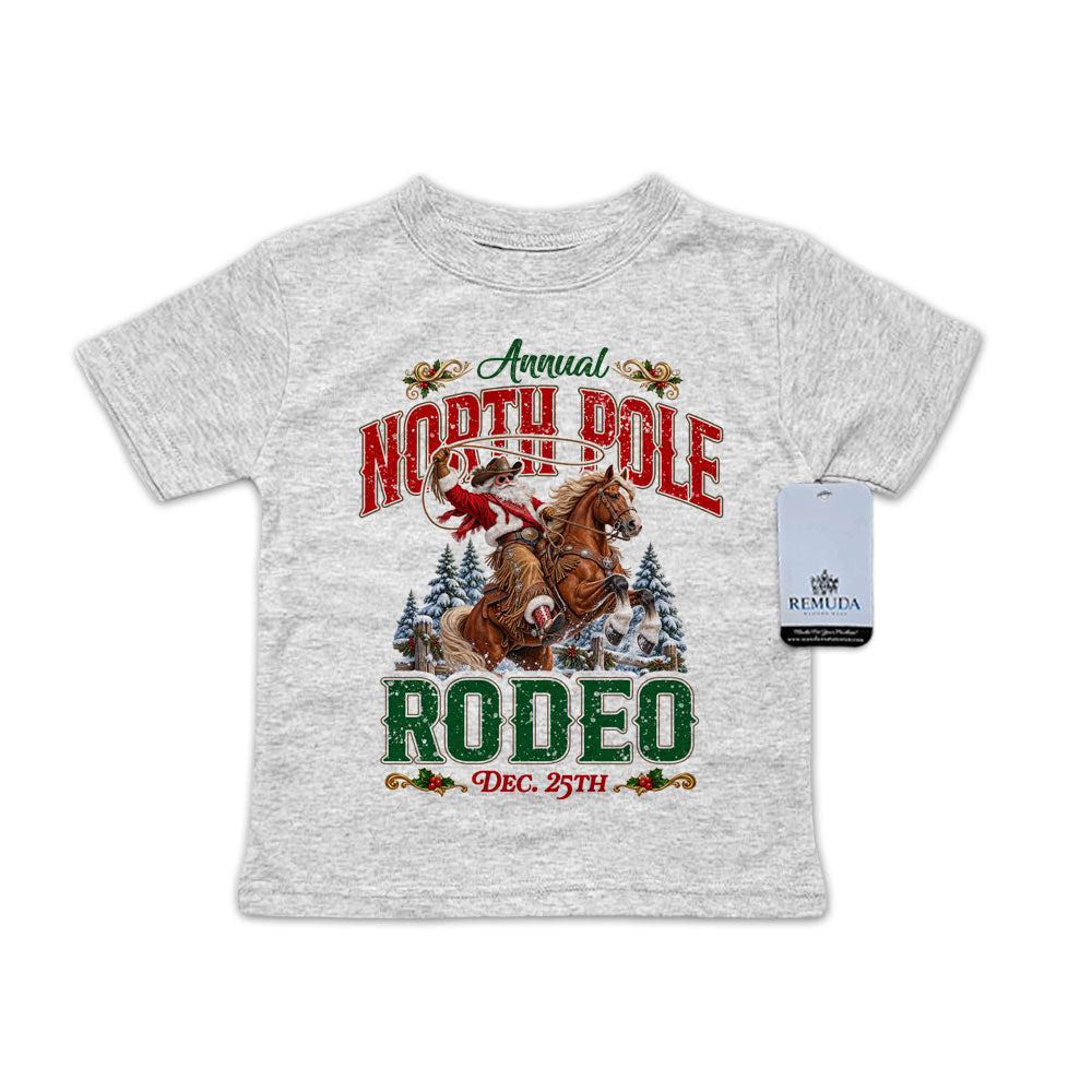 A colorful North Pole Christmas Rodeo Infant Western Santa T-shirt in the color Gray with a solid white background.