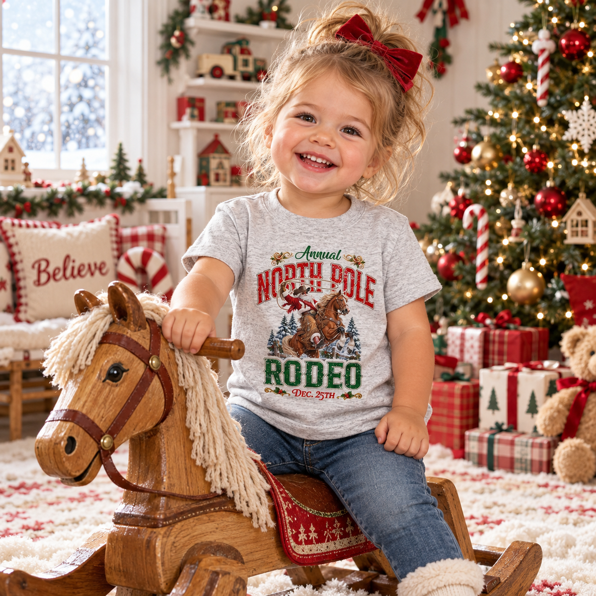 Smiling toddler girl with a red hair bow riding a wooden rocking horse, wearing a heather gray North Pole Rodeo Christmas T-shirt featuring Cowboy Santa on a rearing horse, paired with blue jeans and cozy boots. Festive Christmas playroom with a decorated tree, wrapped presents, snowy window, and warm holiday lights.
