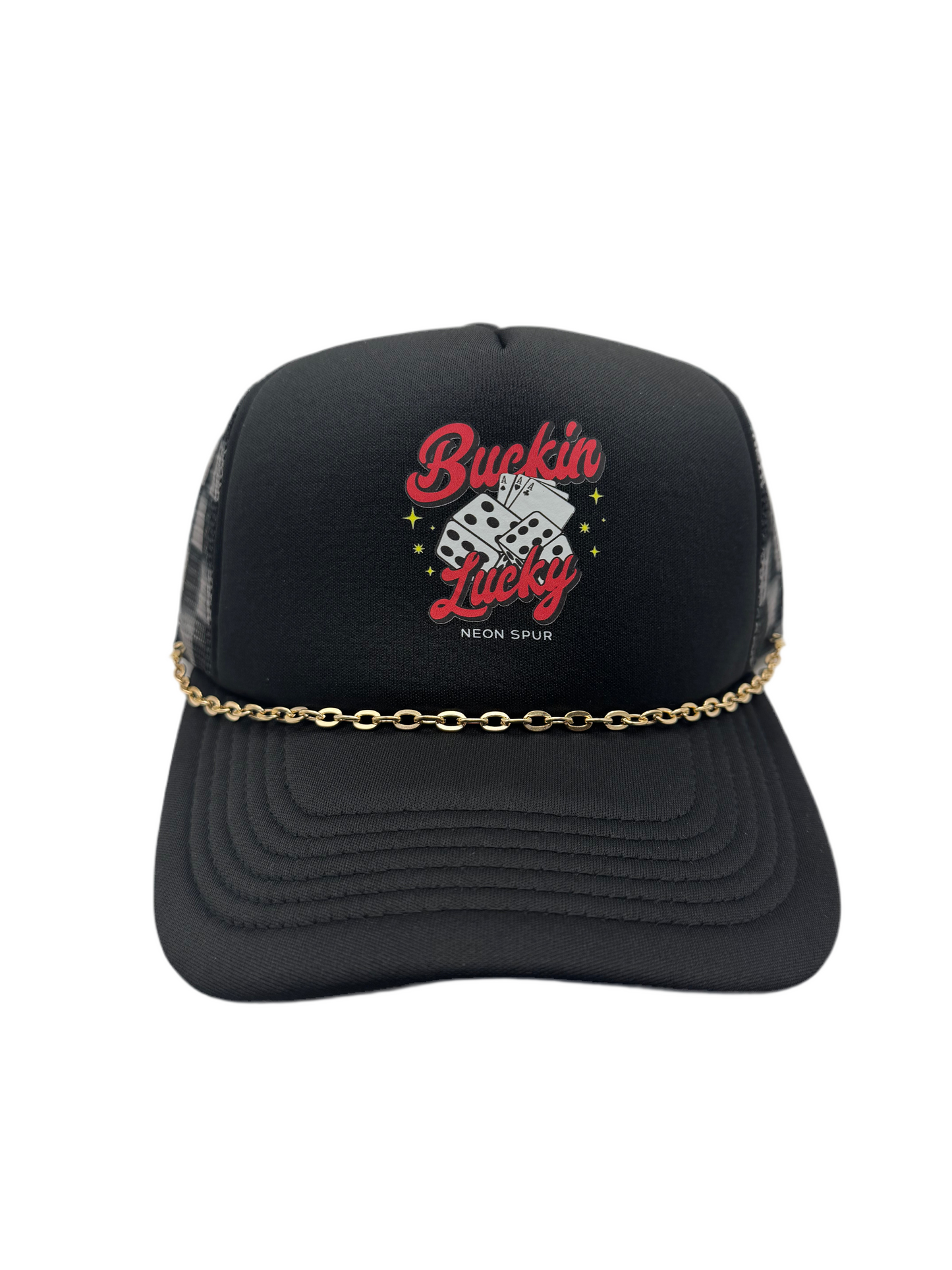 Buckin Lucky Checkered Mesh Trucker Hat w/ Gold Chain