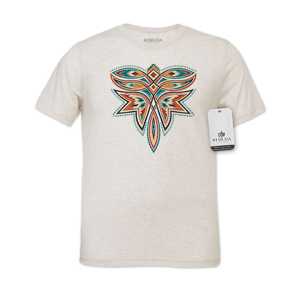 An off-white heathered short-sleeve t-shirt, featuring a large central southwestern boot stitch mosaic style graphic in orange, teal, and brown. A white REMUDA WESTERN WEAR brand hangtag is attached to the right side of the collar.