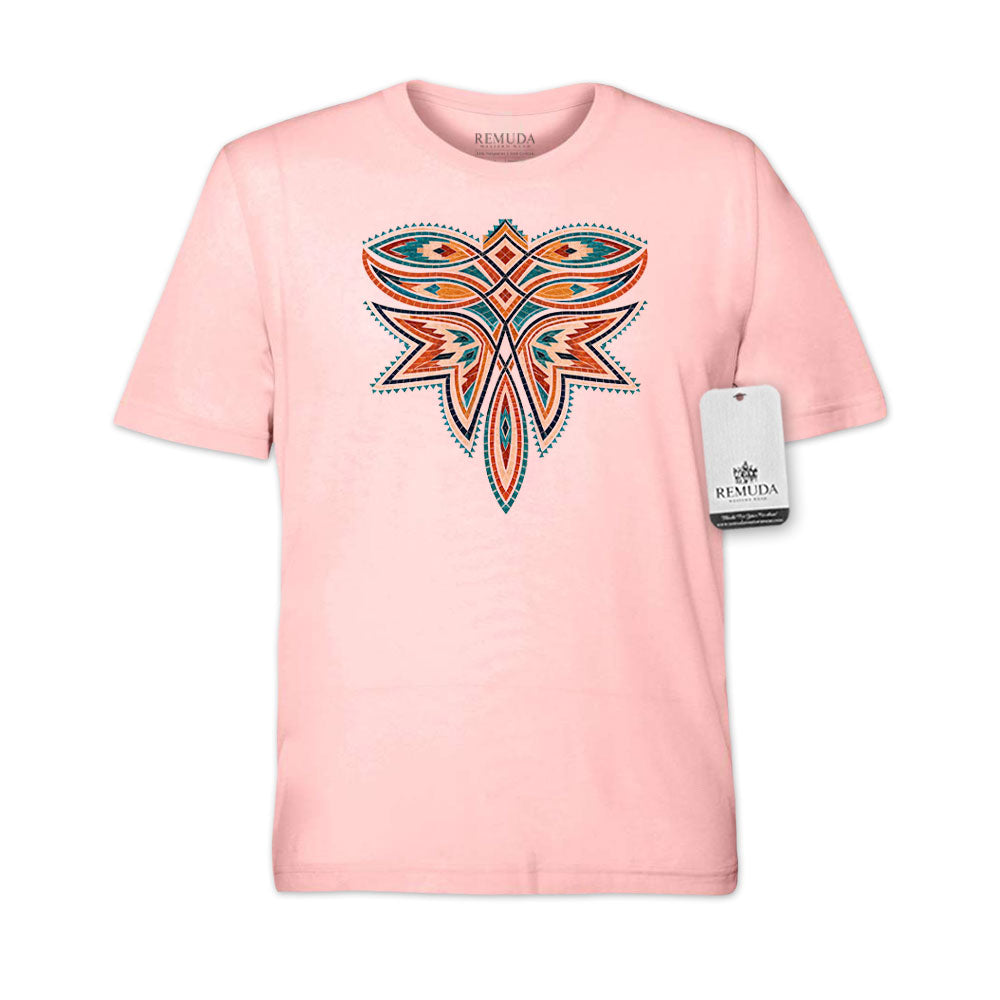 A light pink short-sleeve t-shirt with a colorful southest mosaic style western boot stitch graphic on the chest, featuring a white Remuda Western Wear brand tag on the right side, set against a plain white background.